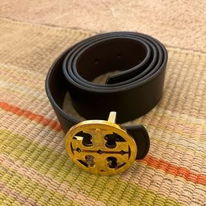 Tory Burch Black Leather Belt with Gold Logo Buckle